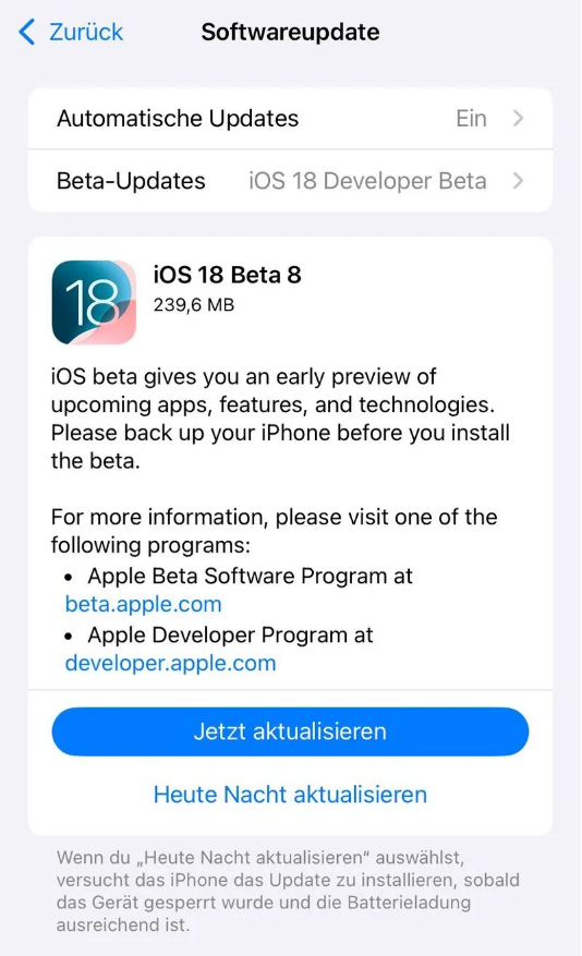 青秀苹果手机维修分享苹果 iOS / iPadOS 18 开发者预览版 Beta 8 发布 